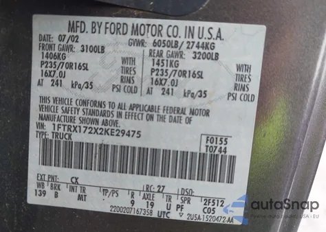 2002 Ford F-150 Xl/Xlt z USA, uszkodzony, nr VIN 1FTRX172X2KE29475